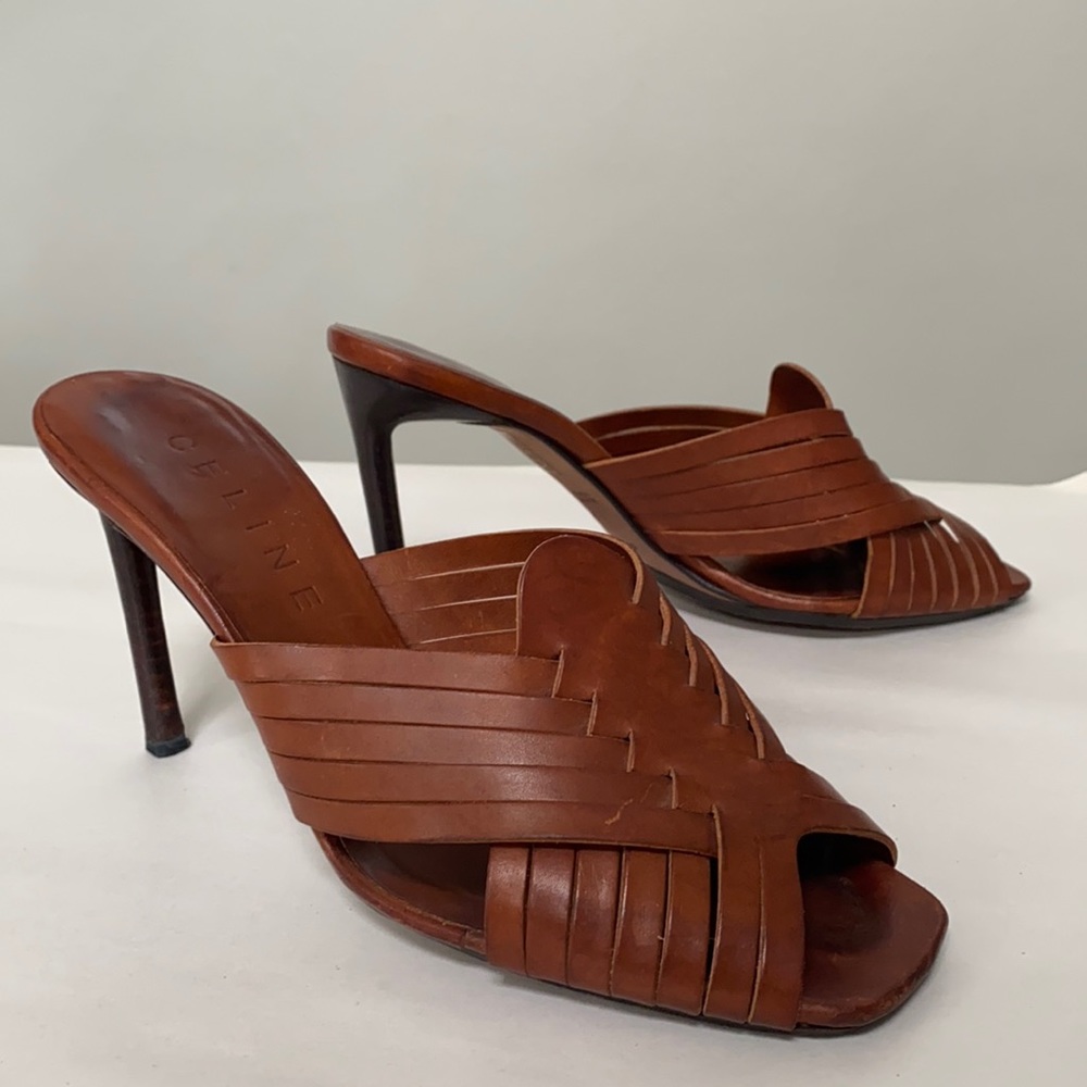 Vintage Celine brown woven leather open toe 4” heel sandal, sz 39